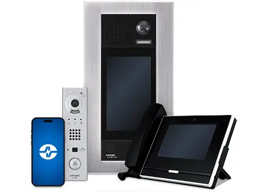 Commercial IP video intercom equipment including visitor entry stations and touchscreen communication panels