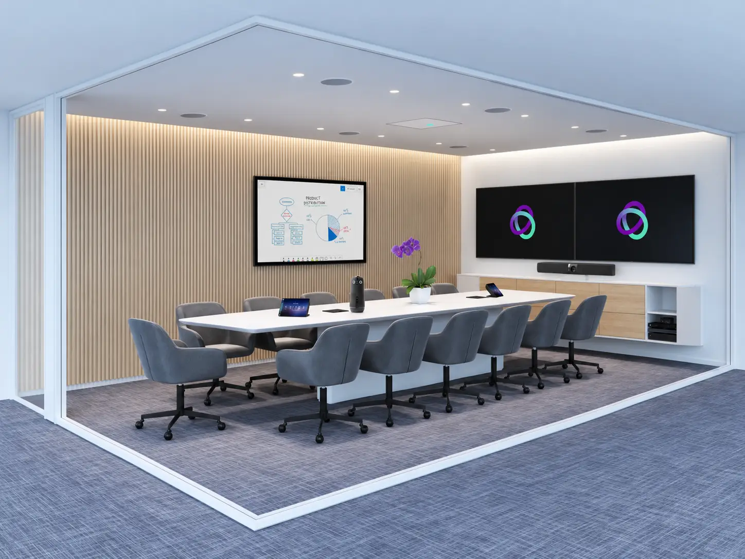 Modern commercial conference room designed for audiovisual presentations and collaboration