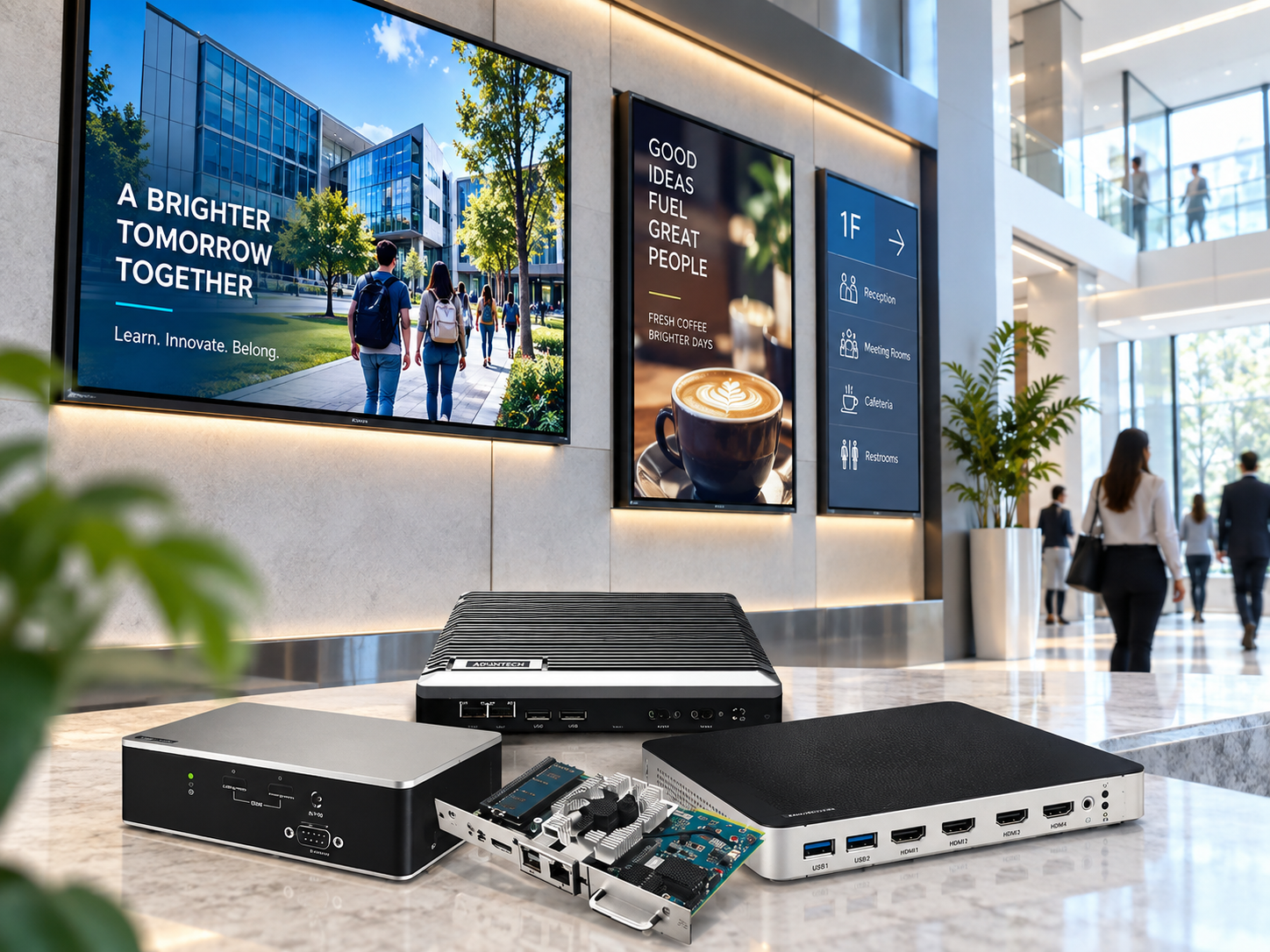 Digital signage screens displaying visitor information and branded content in a modern commercial lobby