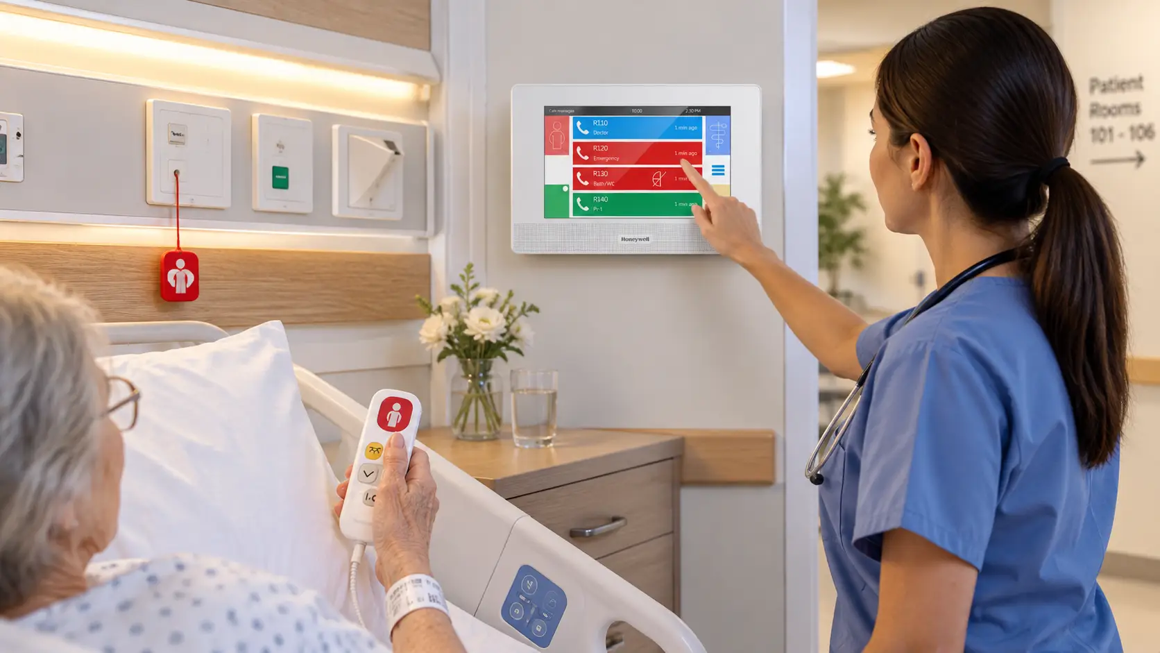 Patient using a nurse call handset in a care room with a caregiver attending the bedside call system