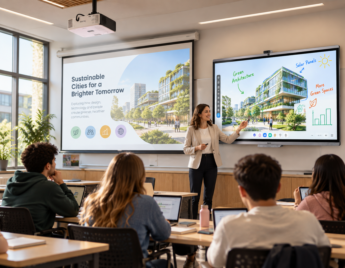 Modern education facility with students