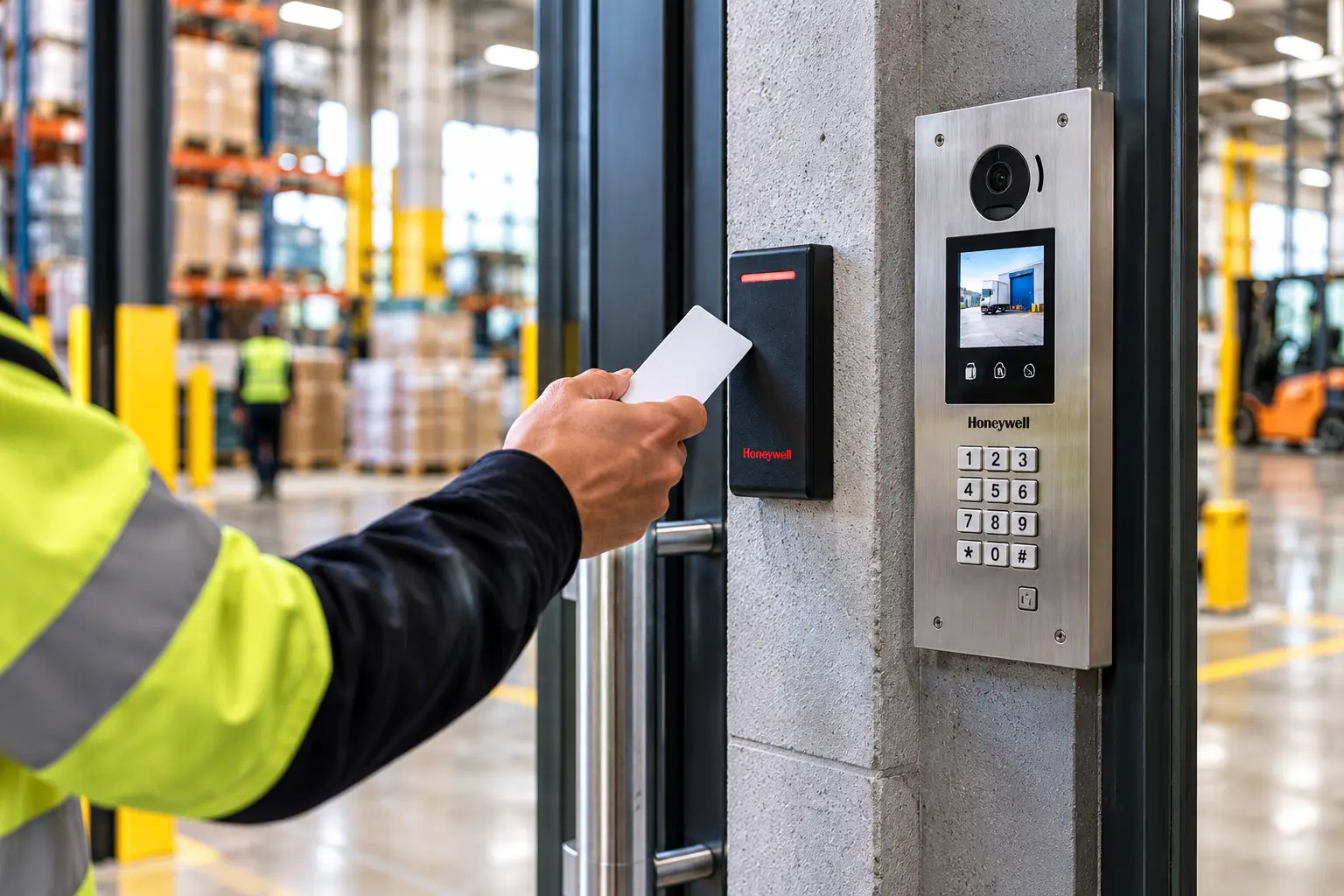 Commercial Security Systems Commercial electronic access control reader on a secured door