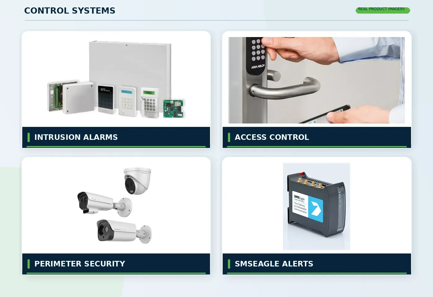Control systems showcase featuring Honeywell intrusion equipment, ASSA ABLOY door access hardware, perimeter surveillance equipment and SMSEagle SMS gateway