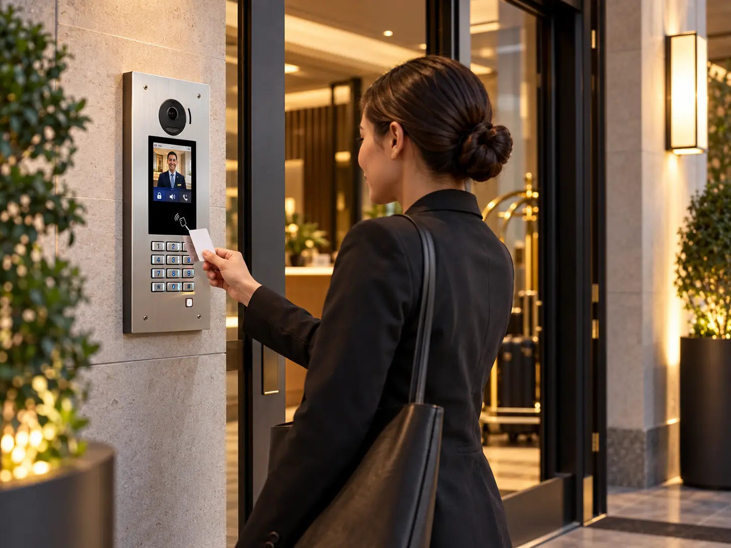 ASSA ABLOY electronic door lock with keypad and mobile credential in use