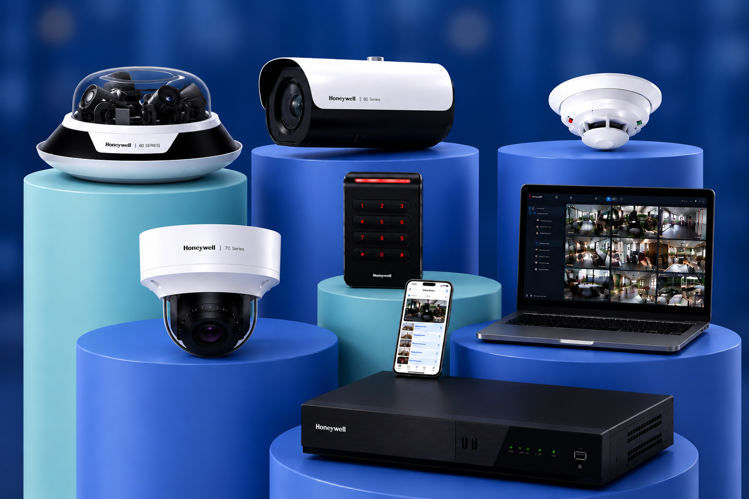 Commercial security systems showcase with CCTV cameras and surveillance equipment