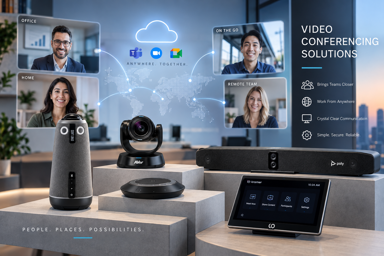 Employees participating in a hybrid video conference using a large meeting room screen